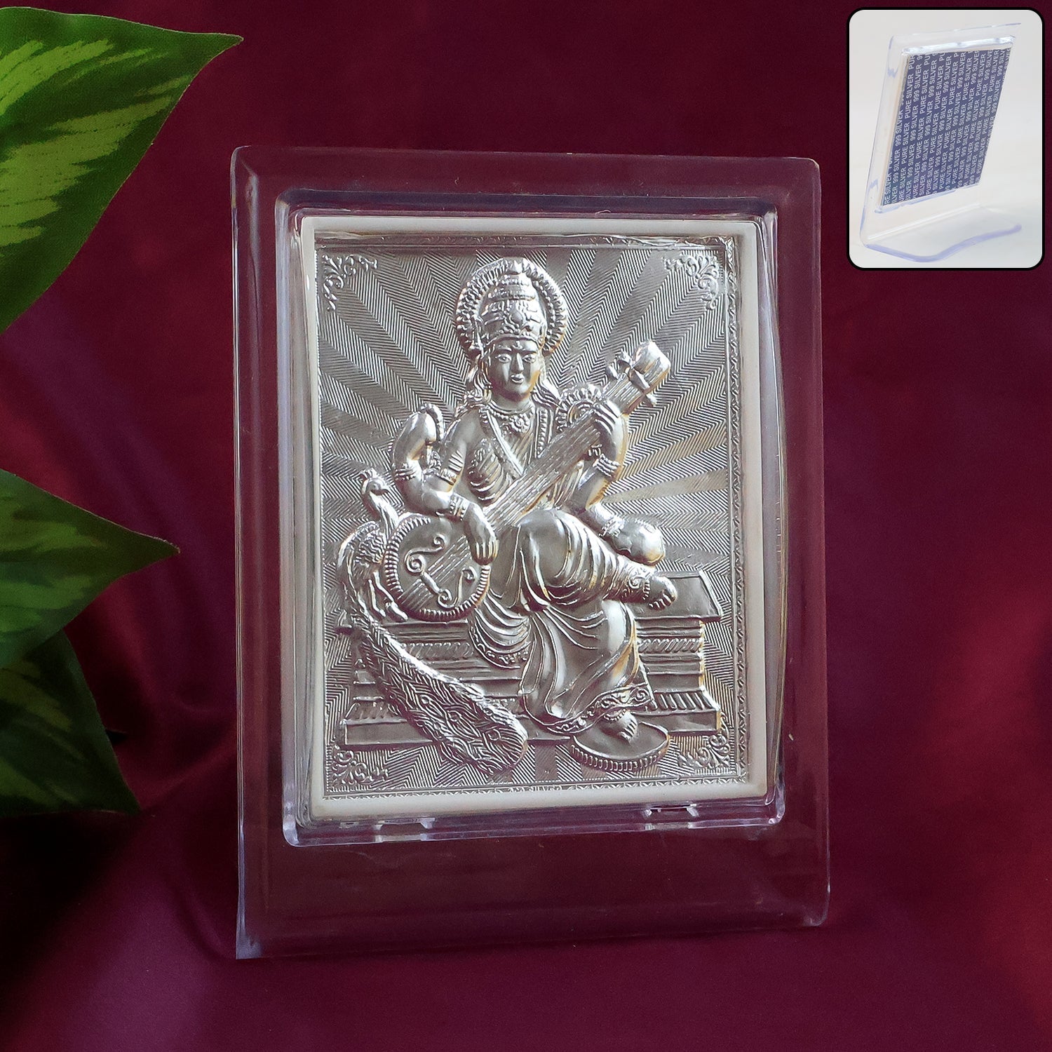 Elegant Silver Saraswati Maa Photo Frame with Stand (1 Pc) Elegant Silver Saraswati Maa Photo Frame with Stand (1 Pc)